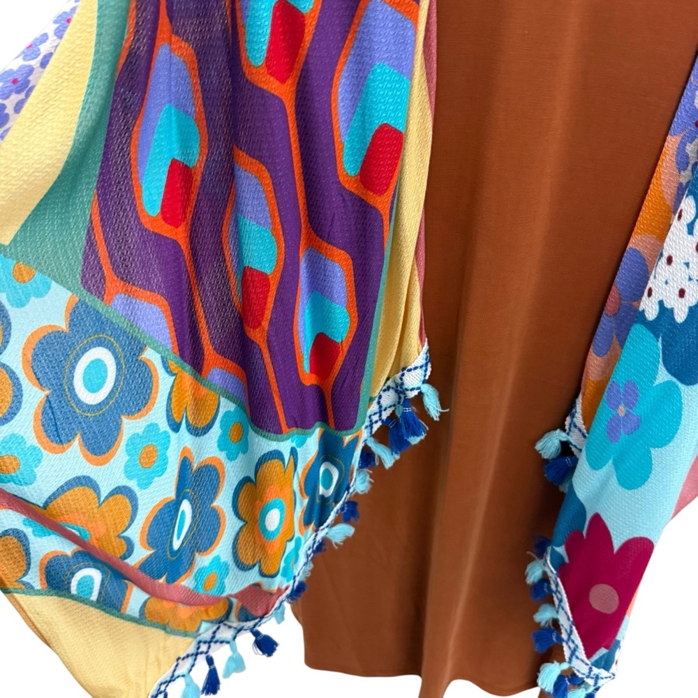 NWT kimono Ruana tassels exotic viscose soft flowy 60s psychedelic flower child - Picture 9 of 16